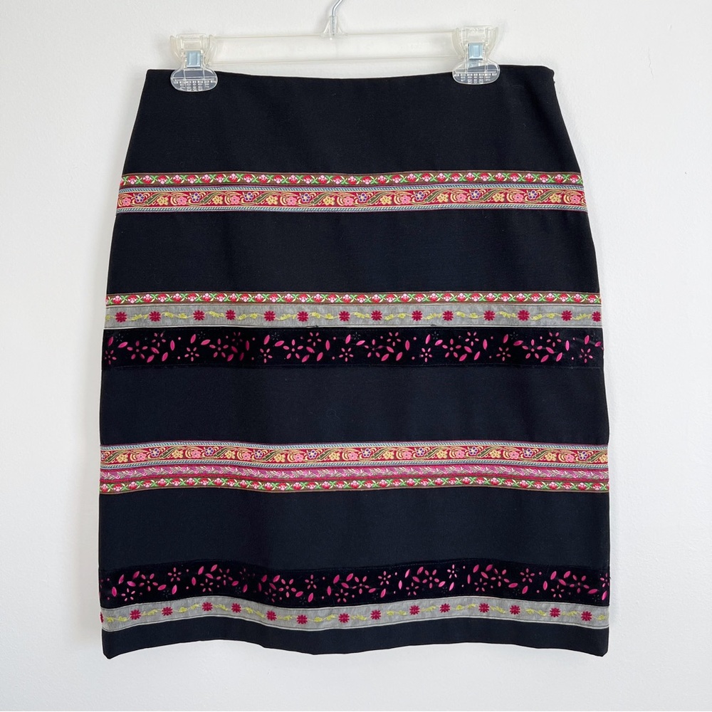 ABR New York Black Velvet Trim Floral Stripe Pencil Skirt Size 6